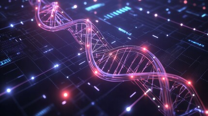 Poster - Digital abstraction of DNA helix represented by geometric patterns, connected by neon lines and dots, set in a futuristic digital matrix