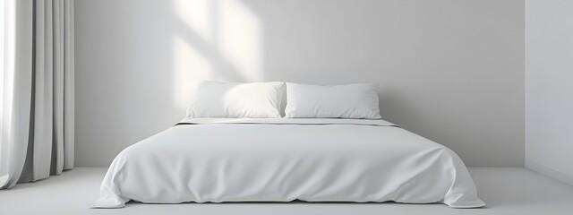 Poster - Minimalist White Bedroom with Empty Wall and Clean Bed