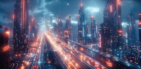 Poster - A futuristic city with towering skyscrapers, neon lights, and floating holograms in the sky. The city is bathed in a surreal glow, reflecting the blending of reality and technology. Generative AI.