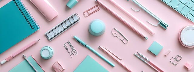 Poster - Neatly Arranged Office Supplies Flatlay on Plain Background