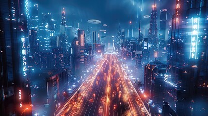 Poster - A futuristic city with towering skyscrapers, neon lights, and floating holograms in the sky. The city is bathed in a surreal glow, reflecting the blending of reality and technology. Generative AI.