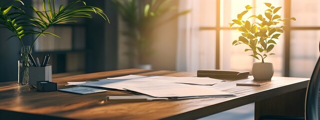 Aufkleber - Organized Professional Desk Setup with Documents and Blank Space for Copy