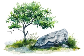 Poster - Watercolor illustration of a rock and a tree