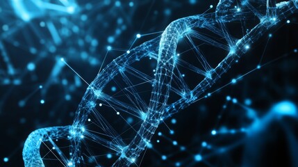 Poster - Geometric DNA model with lines and dots connecting each segment, set against a futuristic, digital blue and black background