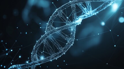 Poster - Geometric DNA model with lines and dots connecting each segment, set against a futuristic, digital blue and black background