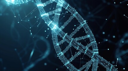Poster - Geometric DNA model with lines and dots connecting each segment, set against a futuristic, digital blue and black background