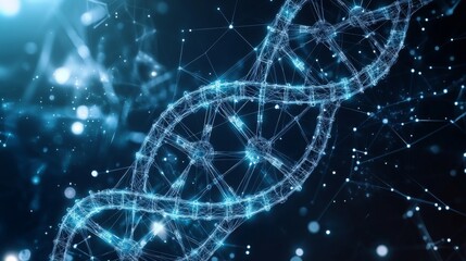 Poster - Geometric DNA structure with interconnected lines and dots, set against a sleek, high-tech digital background, creating a sense of cutting-edge technology