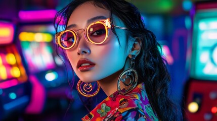 Wall Mural - Portrait of stylish young woman in vibrant clothes and retro sunglasses at neon-lit arcade, exuding confidence and bold fashion sense.