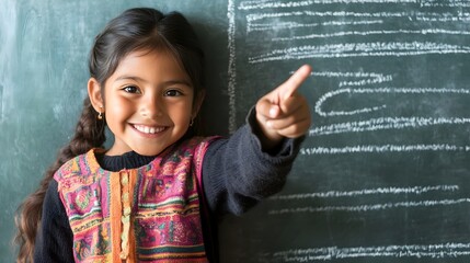 Peruvian Schoolgirl Enthusiastically Pointing at Chalkboard with Beaming Smile