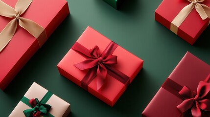 Poster - Stylishly arranged minimalist Christmas gift boxes feature geometric designs and bright ribbons, perfect for celebrating the holiday season. Generative AI