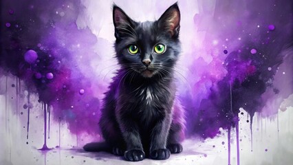 Naklejka na meble Fine art painting of a cute black cat with violet accents done in a drip painting style, cat, fine art, painting, black cat, cute