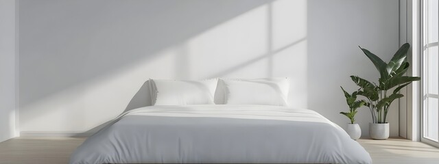 Poster - Pristine White Bedroom with Bare Wall Backdrop for Elegant Decor Concept