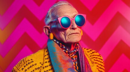 Stylish elderly individual wearing vibrant clothes and sunglasses against a colorful chevron backdrop. Bold fashion and confidence.