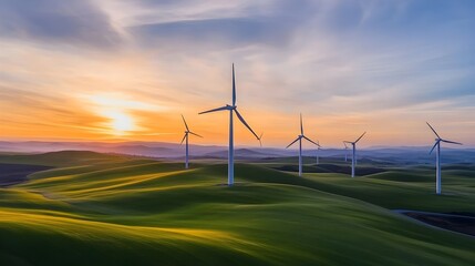 Aufkleber - Renewable Energy Landscape Blended With Sunrise Over Green Field