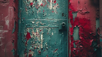 Poster - A worn-out green door with peeling paint