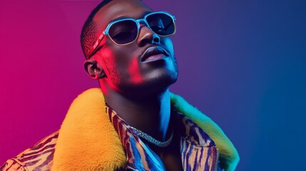 Wall Mural - Stylish man with sunglasses and fur collar in vibrant neon lights, exuding modern fashion and confidence in colorful studio portrait.