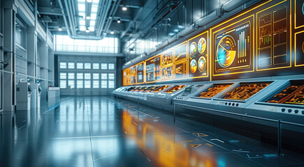 Poster - A smart factory control room with advanced touchscreen interfaces and live data feeds. Generative AI.