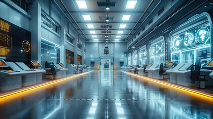 Poster - A smart factory control room with advanced touchscreen interfaces and live data feeds. Generative AI.