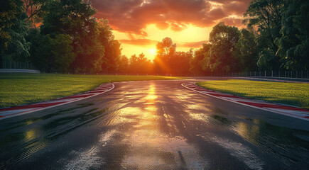 Aufkleber - Empty race track and green woods nature landscape at sunset, Bright color. Generative AI.