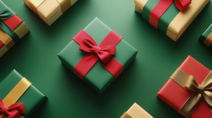 Poster - Festive geometric gift boxes in vibrant colors arranged neatly, showcasing bright ribbons and bows ideal for holiday gifting. Generative AI