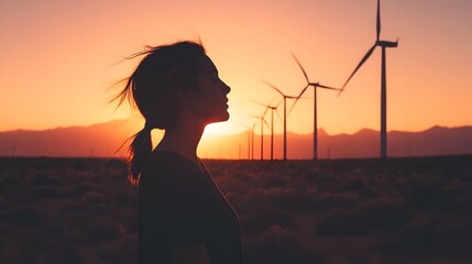 Poster - Silhouetted person against the backdrop of wind turbines generating renewable energy