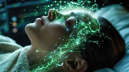 Leinwandbilder - A woman lying down with their mind connected to a digital network via glowing green wires. Above them, a holographic display shows a serene. Generative AI.