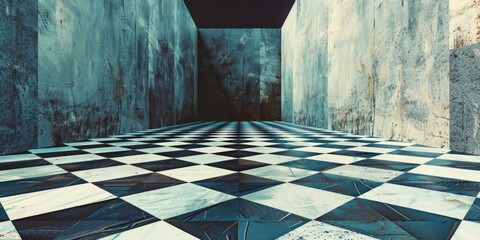 Poster - Checkered floor with black and white squares, suitable for interior design or fashion concept