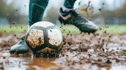 Sticker - Foot wearing green soccer boot shoes, kicking ball on mud field