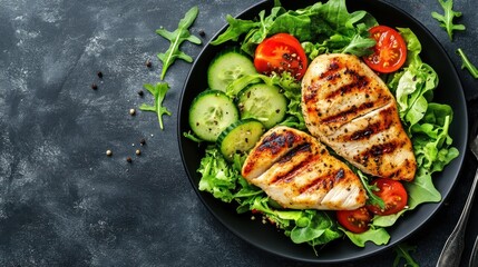 Top view of Grilled Chicken Breast with Fresh Vegetable. copy space