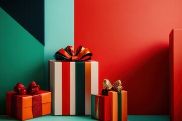Aufkleber - Brightly wrapped Christmas gift boxes in geometric designs showcase vibrant ribbons, creating a festive atmosphere for the season. Generative AI