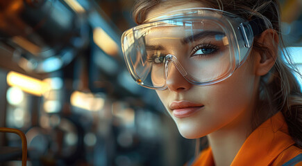 Aufkleber - A female engineer wearing safety goggles, inspecting machinery in an industrial setting. Generative AI.