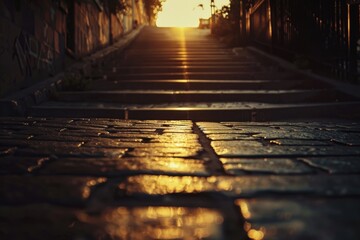Aufkleber - A scenic view of a cobblestone street as the sun sets, perfect for use in travel or architecture photography