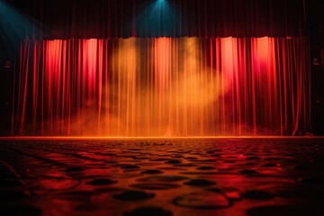 Poster - A dramatic stage setting with a red curtain and spotlights, perfect for a theater or concert scene