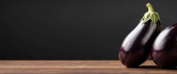 Wall Mural - Two Eggplants on a Wooden Surface Against a Dark Background