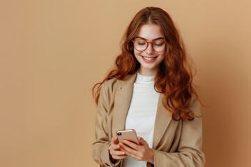Poster - A woman wearing glasses looks down at her cell phone
