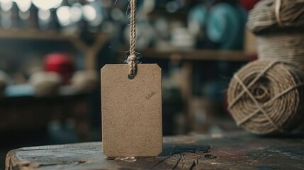 Poster - A simple wooden board with a cloth tag hanging from a string, suitable for various uses such as decoration or labeling