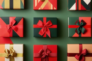 Fototapete - Colorful Christmas gift boxes in various geometric shapes, adorned with vibrant ribbons, create a festive and minimalist atmosphere. Generative AI