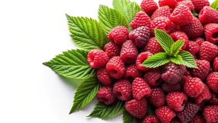 Wall Mural - A bunch of raspberries with leaves, Raspberries, leaves, fresh, organic, red, fruit, healthy, garden, natural, food, berry