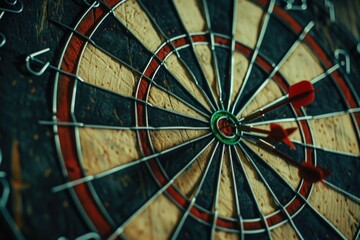 Poster - A close-up view of a dart stuck in the center of a dartboard, ideal for use in illustrations or graphics related to games, sports, or leisure activities