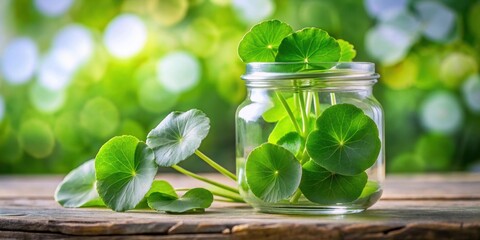 Close up of Gotu Kola leaves on top of glass jar, Gotu Kola, leaves, herb, fresh, green, natural, organic