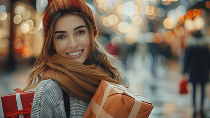 Canvas Print - A cheerful young woman with a bright smile doing Christmas shopping, holding bags filled with gifts. Generative AI.