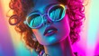 © arhendrix - Stylish woman with curly hair and striped sunglasses in neon lights, embodying 80s retro glamour and vibrant fashion trends.