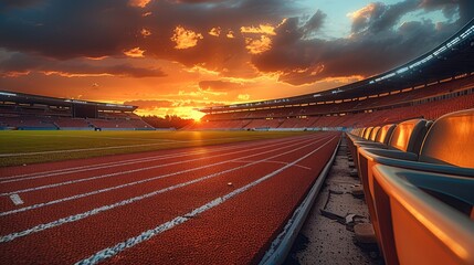 Wall Mural - The empty stands with a dramatic sunset in the background, stadium. Generative AI.