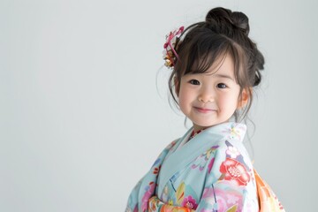 Wall Mural - A cute Japanese girl wearing a high-contrast colorful kimono and a random hairstyle poses against a white background.