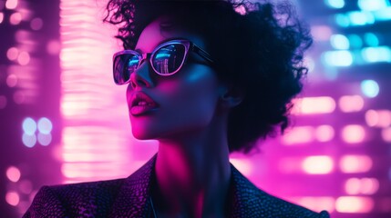 Wall Mural - Stylish woman with curly hair wearing sunglasses, illuminated by vibrant neon city lights at night.