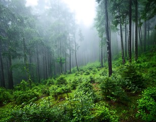 Wall Mural - Beautiful foggy green forest with rain trees in the morning.