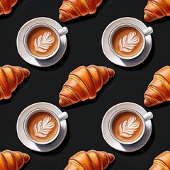 Wall Mural - Seamless pattern with coffee cups, issants and croissant.