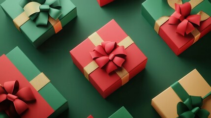 Poster - Brightly colored geometric gift boxes with vivid ribbons and bows are arranged decoratively on a green background for a festive look. Generative AI