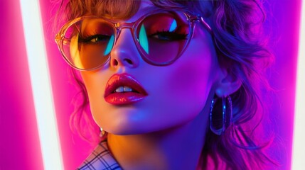 Wall Mural - Stylish woman with sunglasses and neon lights, vibrant colors. Fashionable and trendy look with retro vibes.