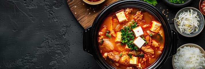 Wall Mural - Aerial perspective of spicy kimchi soup featuring pork and tofu, a traditional Korean dish.